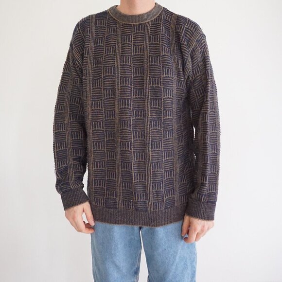 VTG '80S Navy Olive 3D Biggie Cosby Eclectic Grandpa Chunky Crewneck Sweater XL - Picture 1 of 11